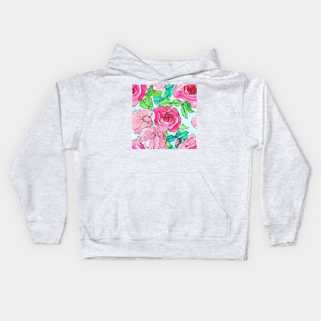 Watercolor roses and peonies on turquoise Kids Hoodie by SophieClimaArt